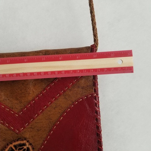 Ethnic Leather Boho Bag Brown & Burgundy 10"L x 10"W Crossbody Adjustable Strap - Picture 10 of 12